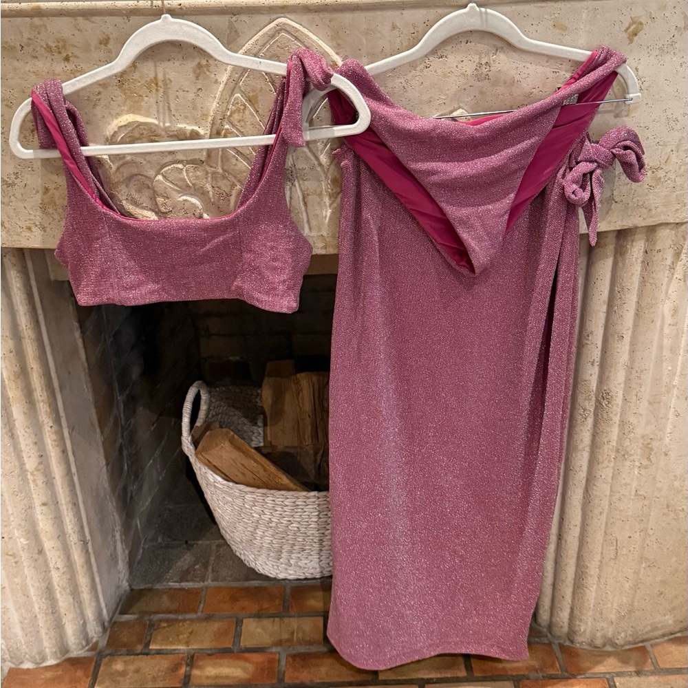 Beach Riot Sparkly Pink bathing suit three piece set